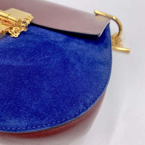 Auth Chloe Drew Mini Two Tone Leather Suede Navy Bordeaux Shoulder Bag - Picture 7 of 15
